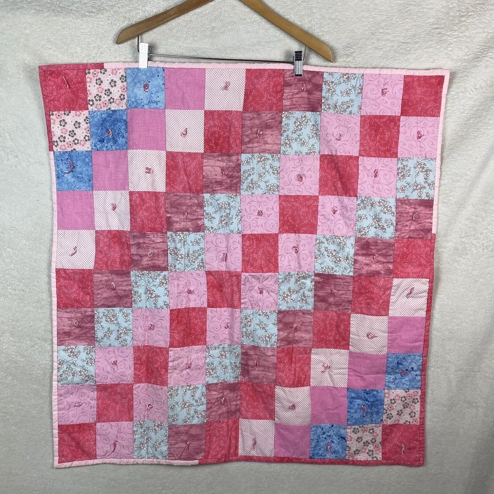 Handmade Quilt Pink White Gingham Patchwork Baby Crib Blanket 34”x33”‎
